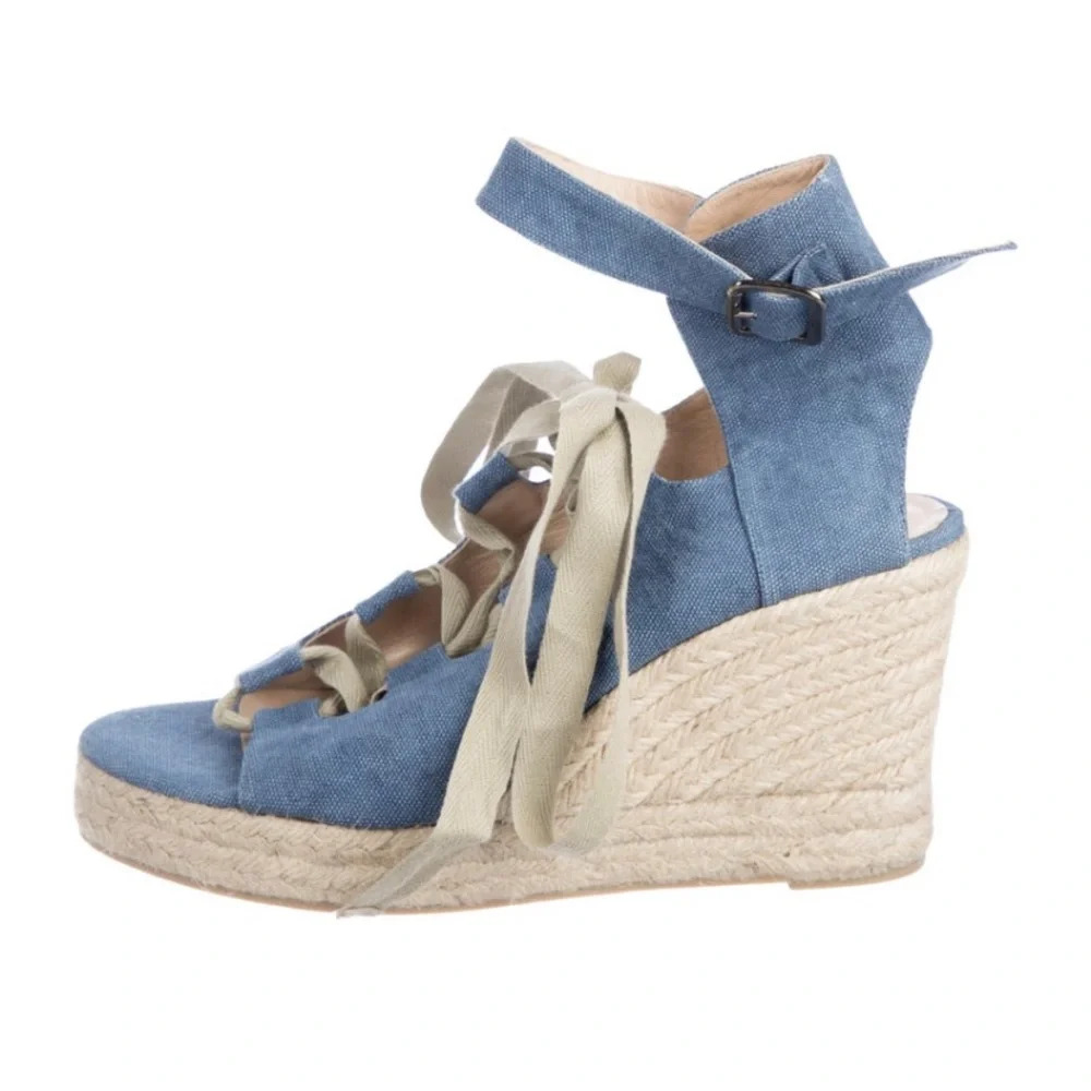 Castaner Blue Canvas Espadrille Wedge Sandals with Ankle Wrap